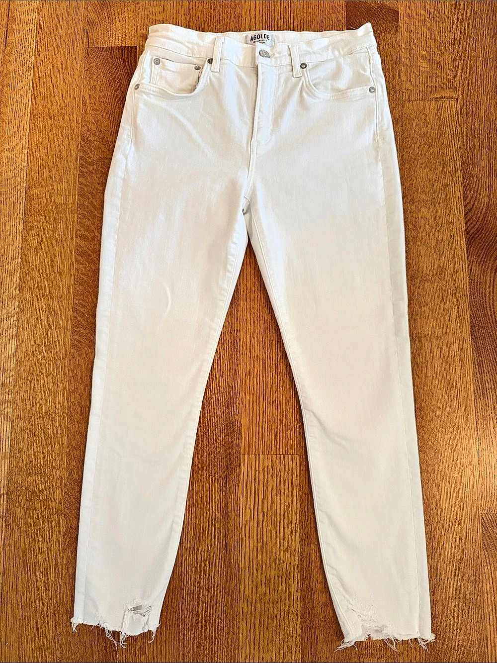 AGOLDE High Rise Skinny Crop Women's Frayed Hem Skinny Jeans in White